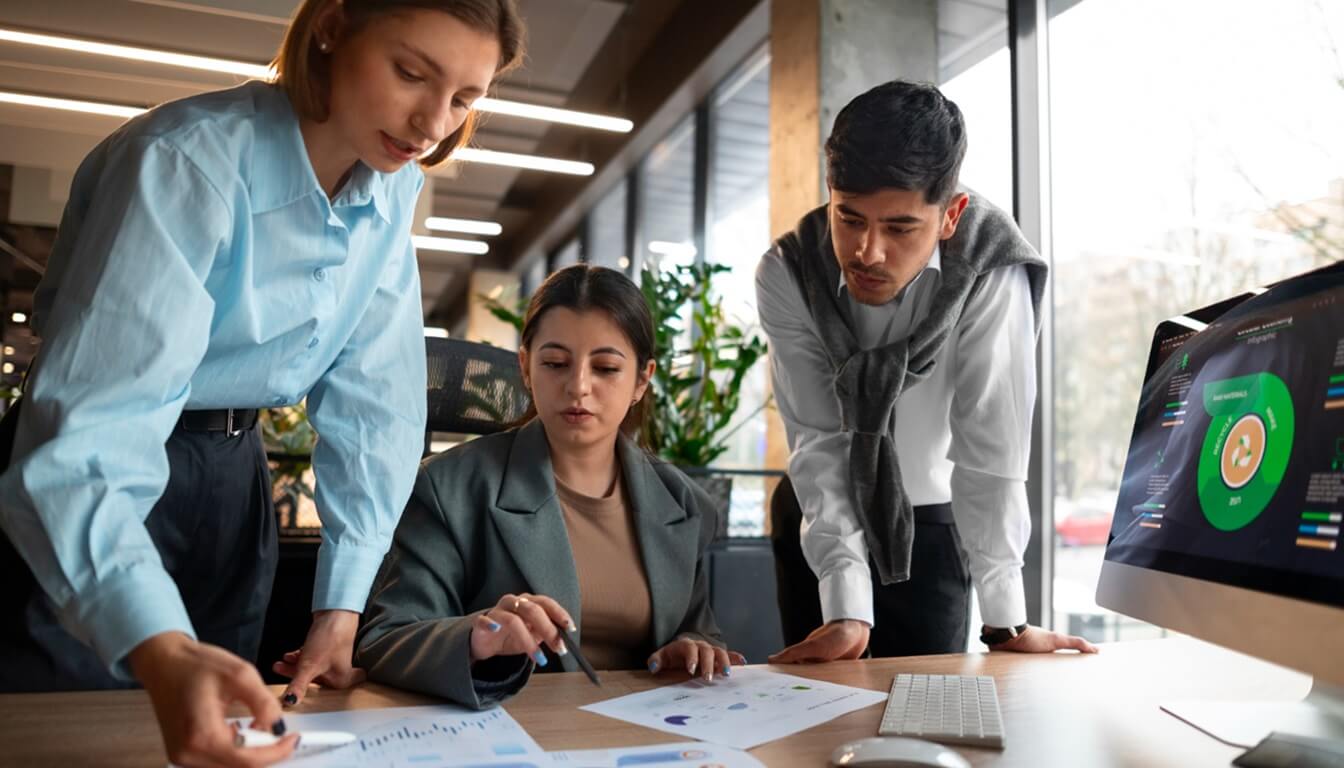 business people analyzing checking finance graphs office